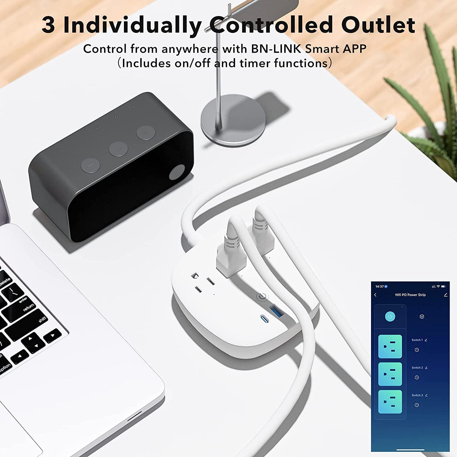 BN-LINK 30W USB C Smart Power Strip with 2 USB A, 3 Individually Controlled Smart Outlet, Work w/ Alexa Google Home, 6 ft Extension Cord, Flat Plug, Desk Charging Station for Home, Office ,Travel, ETL