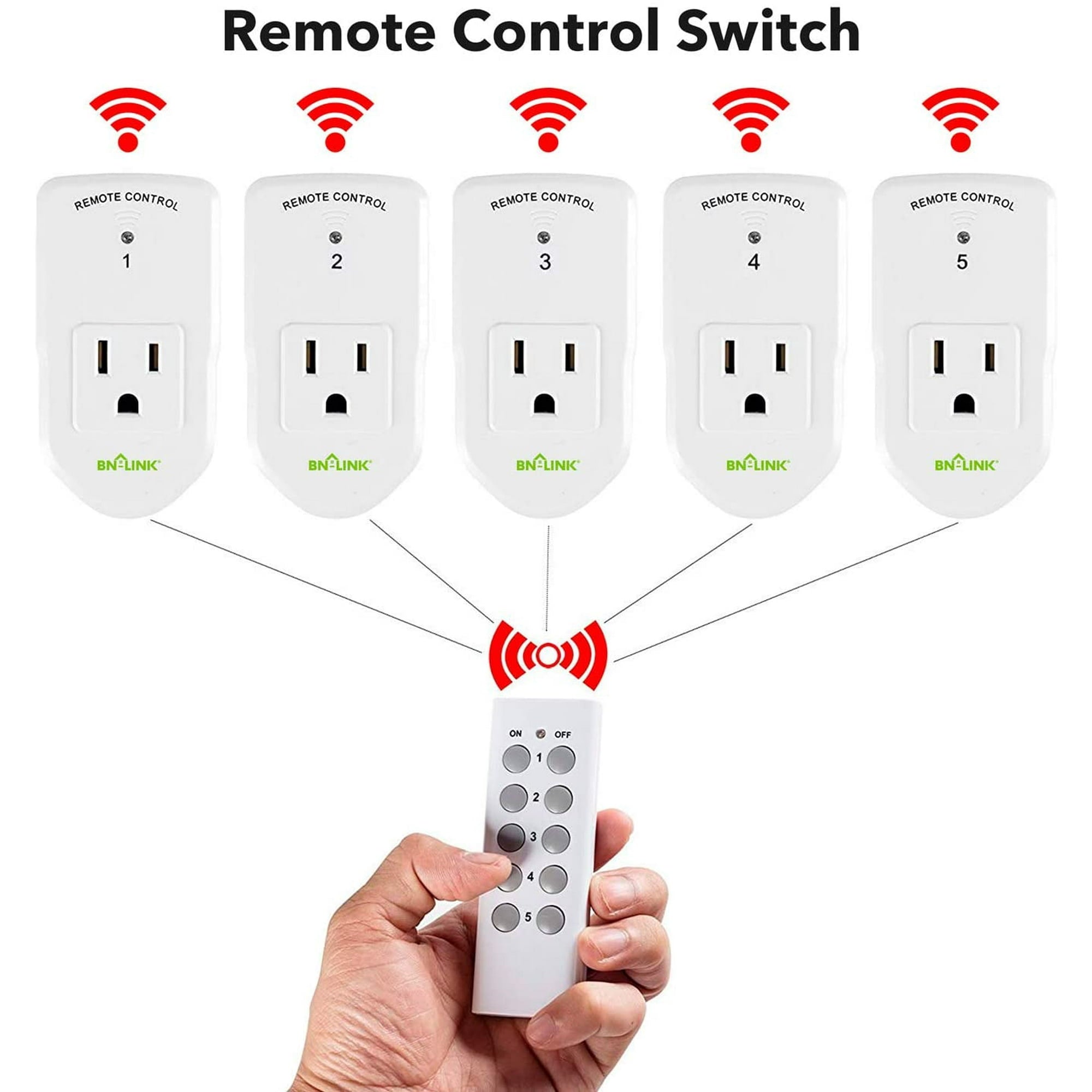 BN-LINK Wireless Remote Control Outlet with Extra Long Range, for Household Appliances, White (2 Remotes + 5 Outlets)