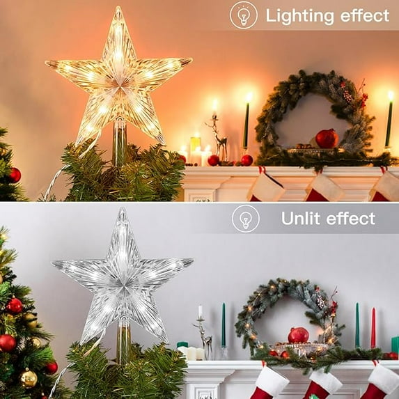 Behome Christmas Tree Topper, 8.7 Inch LED Lighted Star Tree Top, Warm White Light Christmas Tree Decor for Christmas Holiday Home, Clear