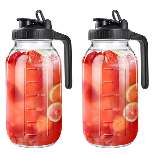Behome 2 packs Glass Pitcher with Lid, 64 oz Mason Jar Pitcher with Wide Mouth, Heavy Duty Glass Container for Cold Brew Coffee, Iced Tea, Lemonade