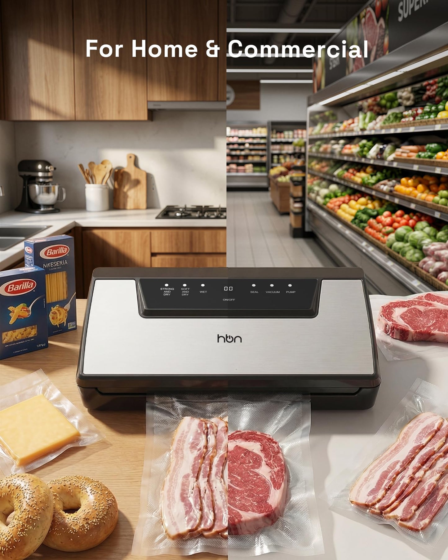 HBN Vacuum Sealer Machine Commercial Automatic Food Vacuum Sealer Built-in Cutter & Bag Storage Countertop Vacuum Sealer with Automatic Hands-Free Lid SUS Stainless Steel 1 Bag Roll & 20 Bags
