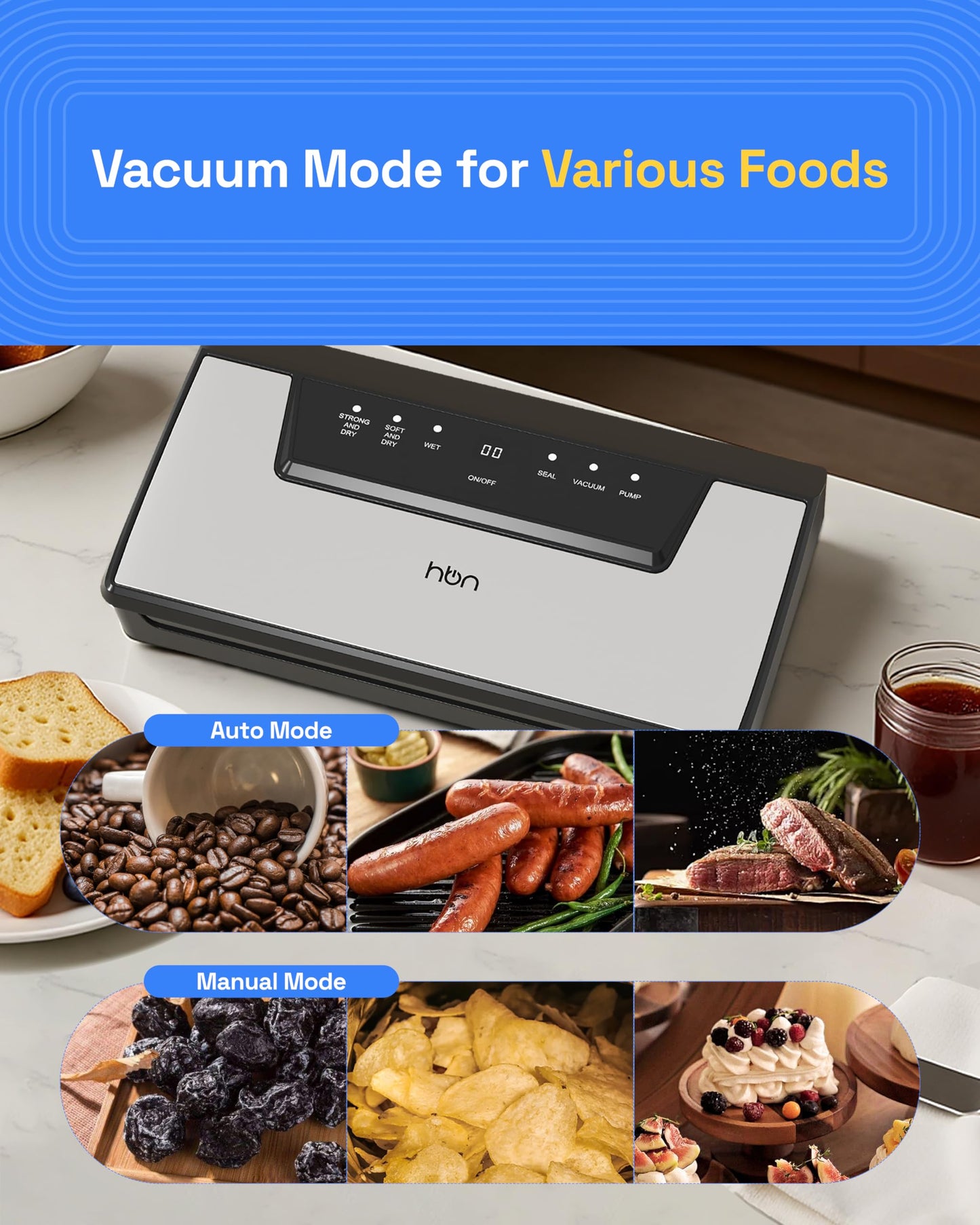 HBN Vacuum Sealer Machine Commercial Automatic Food Vacuum Sealer Built-in Cutter & Bag Storage Countertop Vacuum Sealer with Automatic Hands-Free Lid SUS Stainless Steel 1 Bag Roll & 20 Bags
