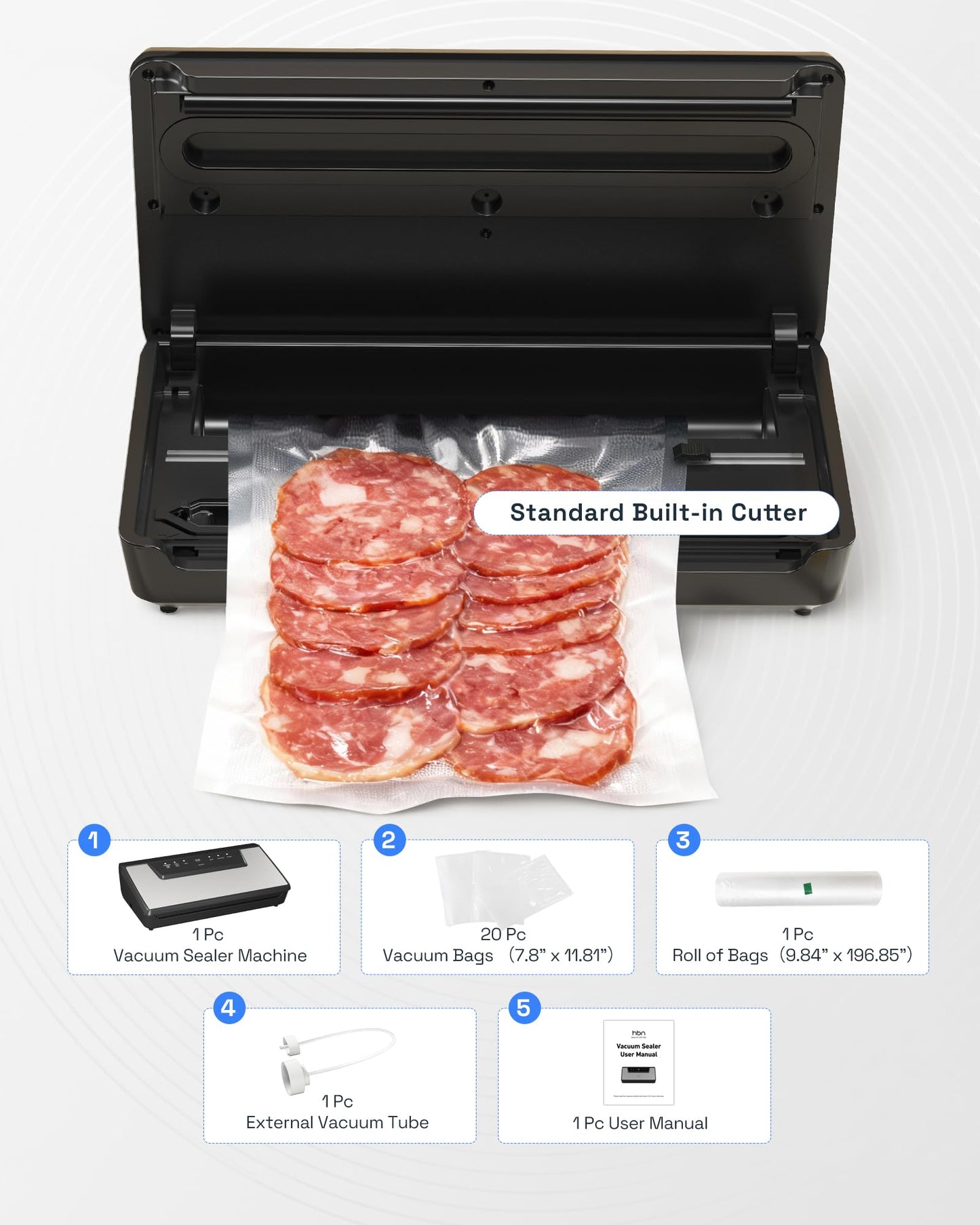 HBN Vacuum Sealer Machine Commercial Automatic Food Vacuum Sealer Built-in Cutter & Bag Storage Countertop Vacuum Sealer with Automatic Hands-Free Lid SUS Stainless Steel 1 Bag Roll & 20 Bags