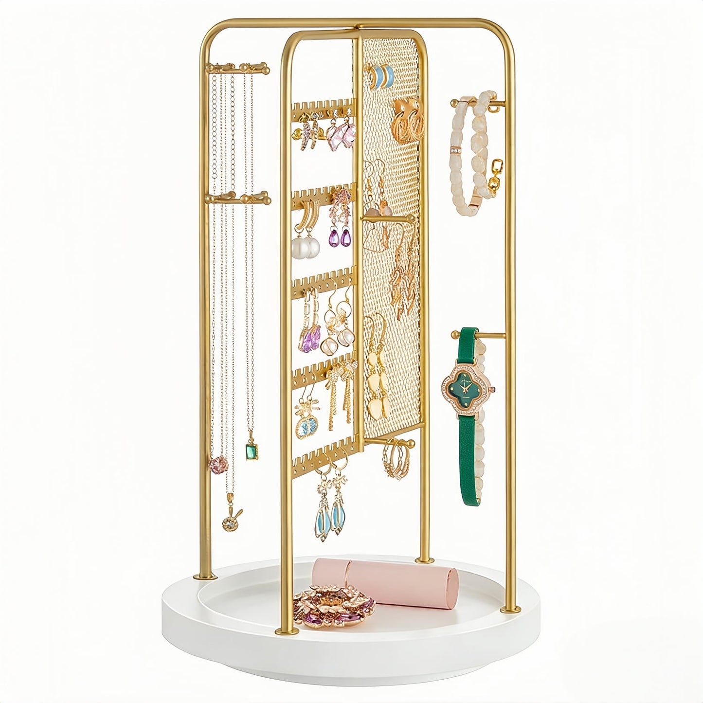 Behome Jewelry Stand, 5 Tier Large Necklace Holder with Wood Base, Jewelry Holder Organizer for Bracelet, Necklace, Earrings, Rings, Gold