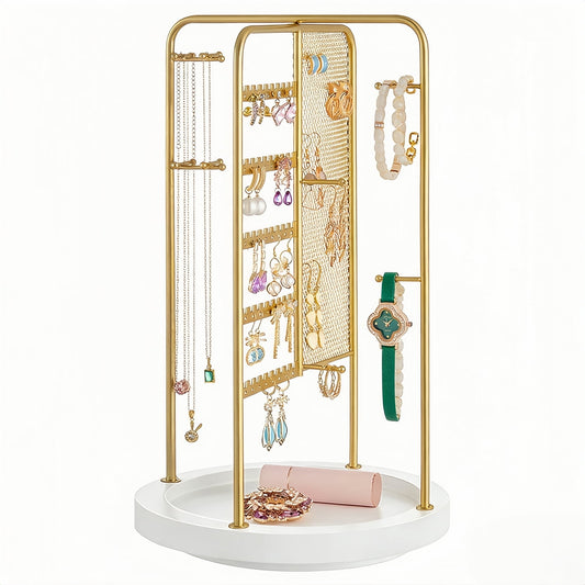 Behome Jewelry Stand, 5 Tier Large Necklace Holder with Wood Base, Jewelry Holder Organizer for Bracelet, Necklace, Earrings, Rings, Gold