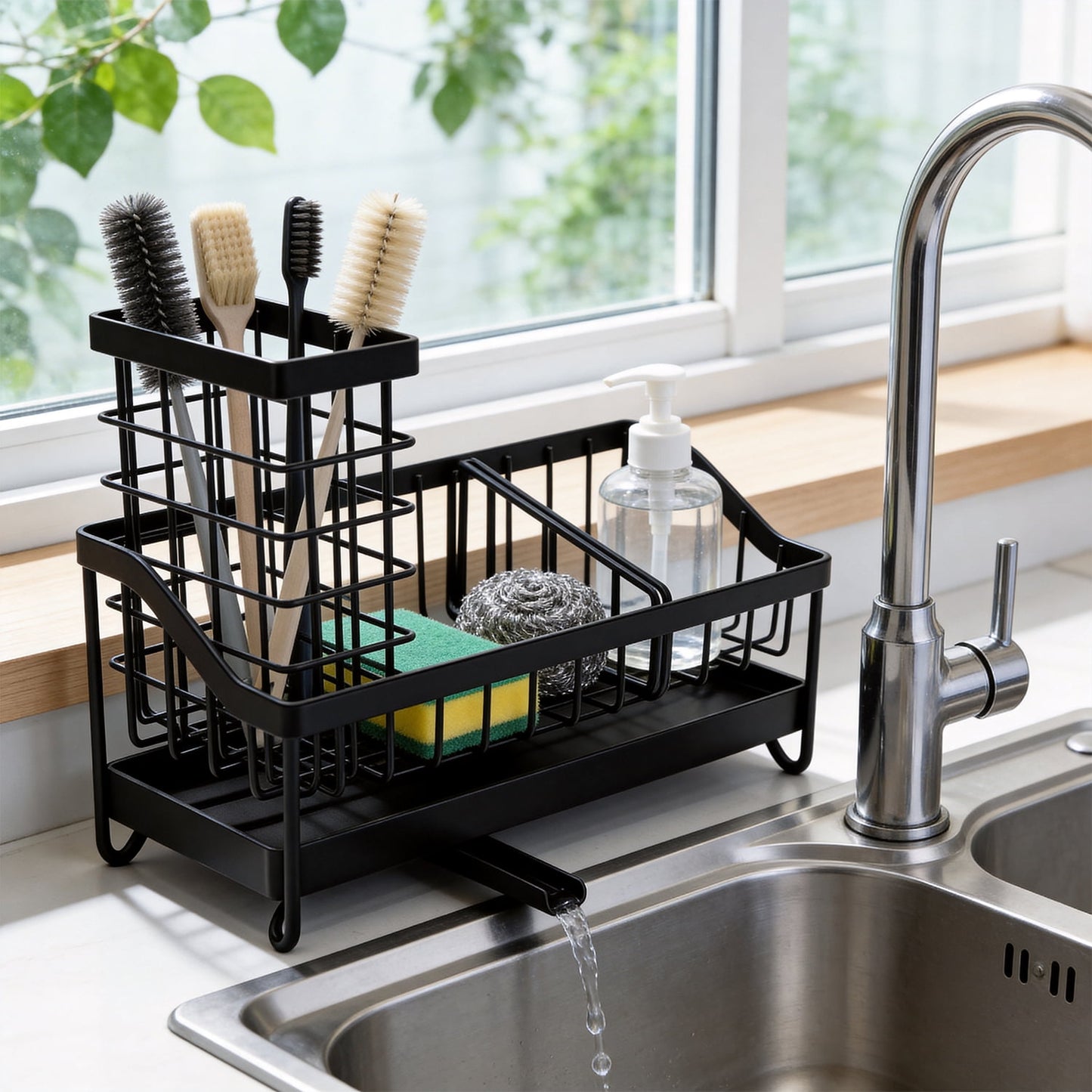 Behome Sponge Holder for Kitchen Sink, Sink Caddy Organizer with Brush Holder and Removable Drain Tray, Rustproof Kitchen Countertop Organizer for Sponge, Soap Dispenser Storage Accessories, Black