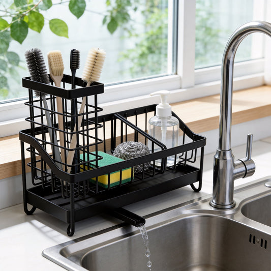 Behome Sponge Holder for Kitchen Sink, Sink Caddy Organizer with Brush Holder and Removable Drain Tray, Rustproof Kitchen Countertop Organizer for Sponge, Soap Dispenser Storage Accessories, Black