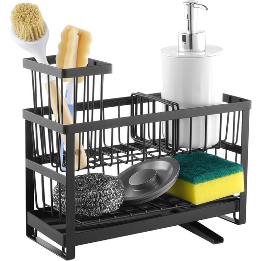 Behome 2-Tier Sponge Holder for Kitchen Sink, Sink Caddy Organizer with Brush Holder and Removable Drain Tray, Rustproof Countertop Organizer for Sponge, Soap Dispenser Storage Accessories