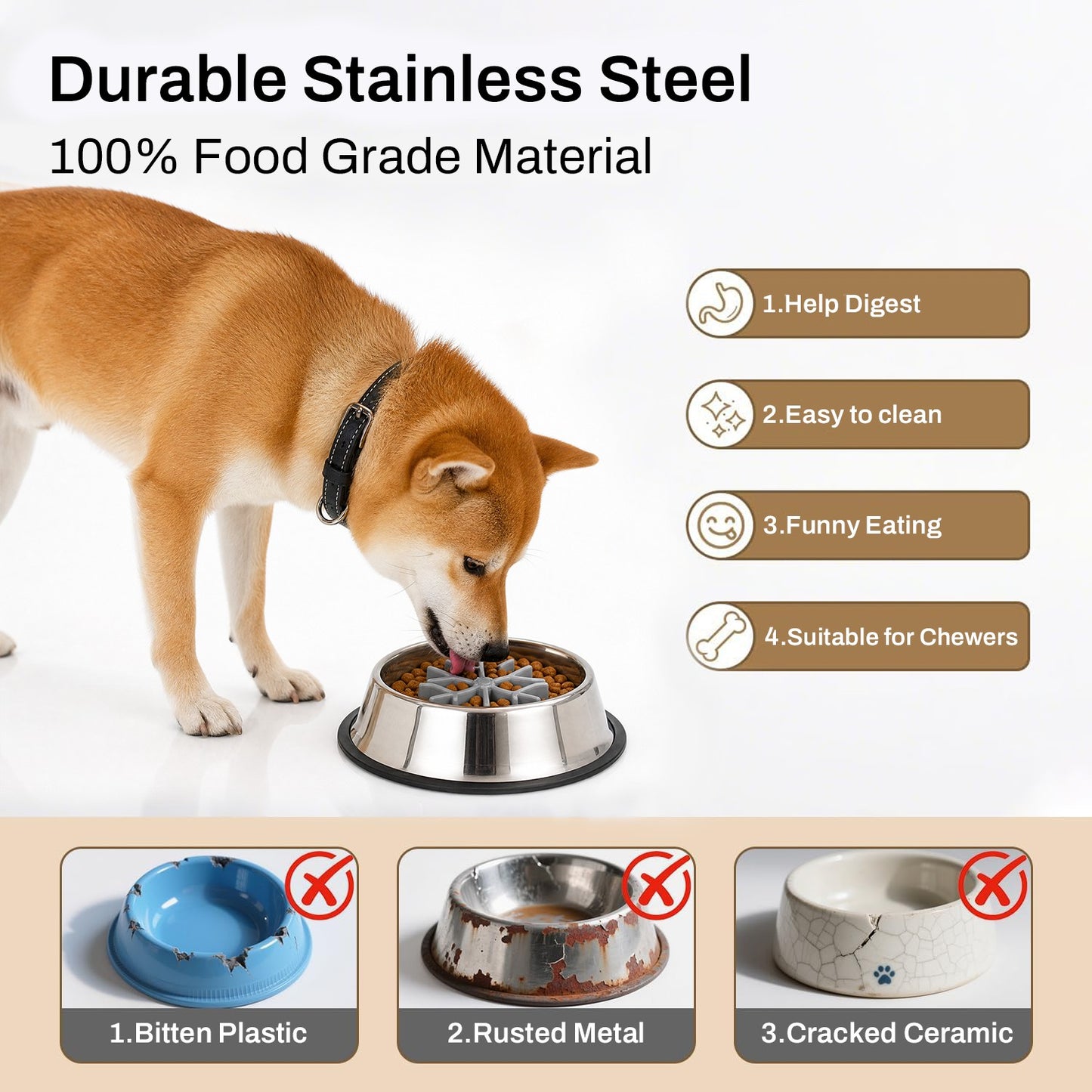 BN-LINK Stainless Steel Slow Feeder Dog Bowls, Puzzle Dog Bowls with Anti-slip Ring, for Small, Medium & Large Dogs, Dishwasher Safe