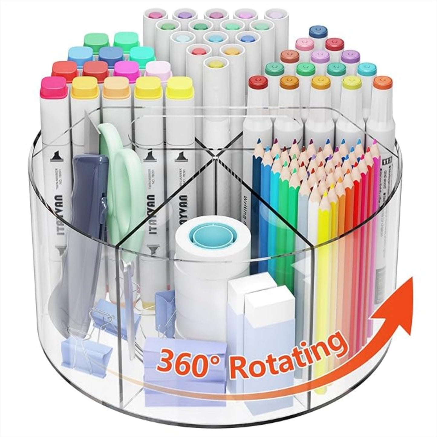 Behome Marker Organizer, 360-Degree Rotating Pencil Holder, Rotating Desk Acrylic Office Organizer with 6 Compartments, Art Supply Storage Organizer for School Home