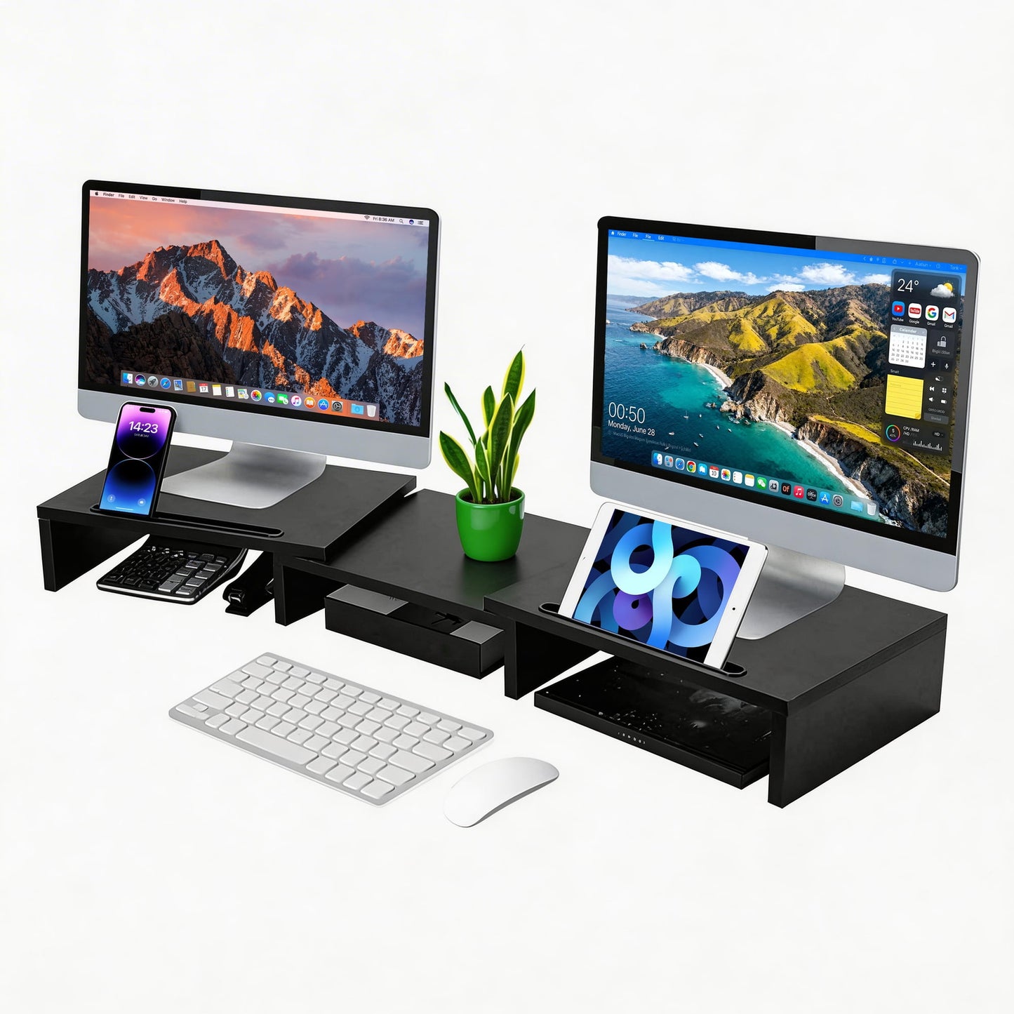 Behome Monitor Riser, Dual Monitor Stand Riser for 2 Monitors, Adjustable Length and Angle with 2 Slot, Computer Monitor Stand for Screen, Computer, Printer (Black)