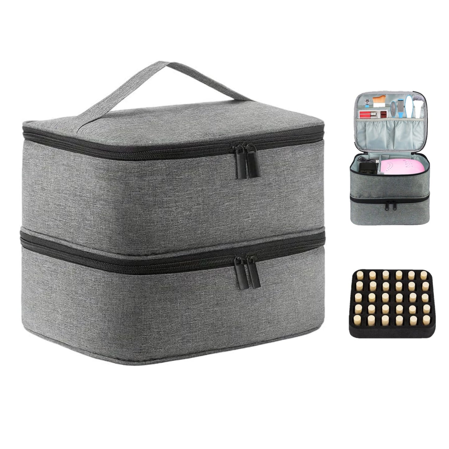 Behome Double Layers Nail Polish Organizer Bag, Nail Kit Organizer Holds 30 Bottles & Nail Lamp, Nail Polish Carrying Case with Manicure Tools Storage Sections, Grey