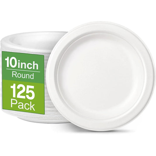 BN-LINK 125 Pack Disposable Paper Plates, 10’’ 100% Compostable Heavy Duty Plates, Eco-Friendly Biodegradable Sugarcane Fibers, for Parties, Picnics, BBQs, White